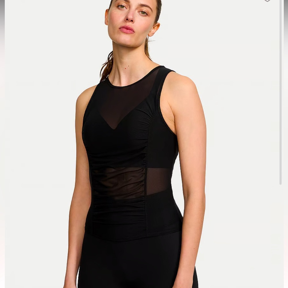 Victoria's Secret VSX Mesh Ruched Tank Top Black SZ S Sheer Crewneck EUC
